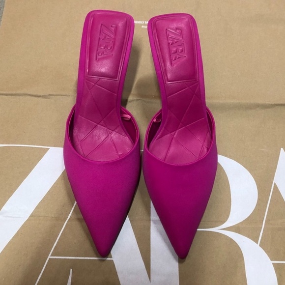 💗💗💗 ZARA Pointed toe Pink Nylon Heeled Mules Shoes, 40 - Picture 2 of 5